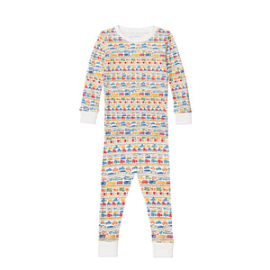 Front view of children’s pajamas showcasing a colorful cars and trucks print with long sleeves on a white background
