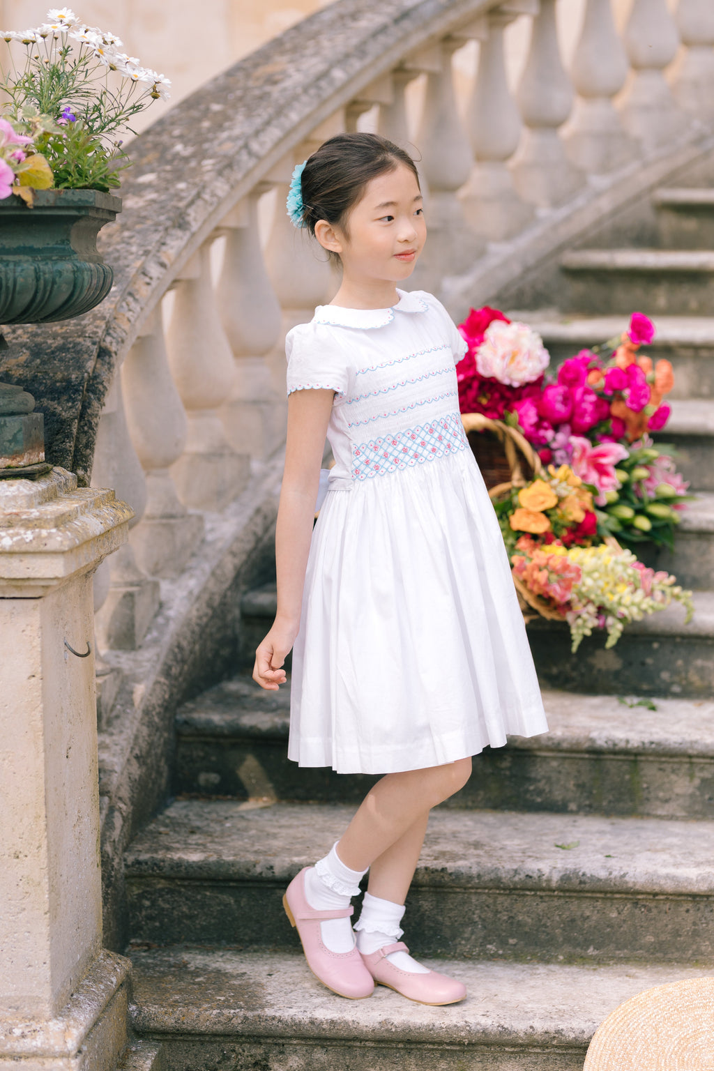 Cassis White Short Sleeve Smocked Dress | Over The Moon