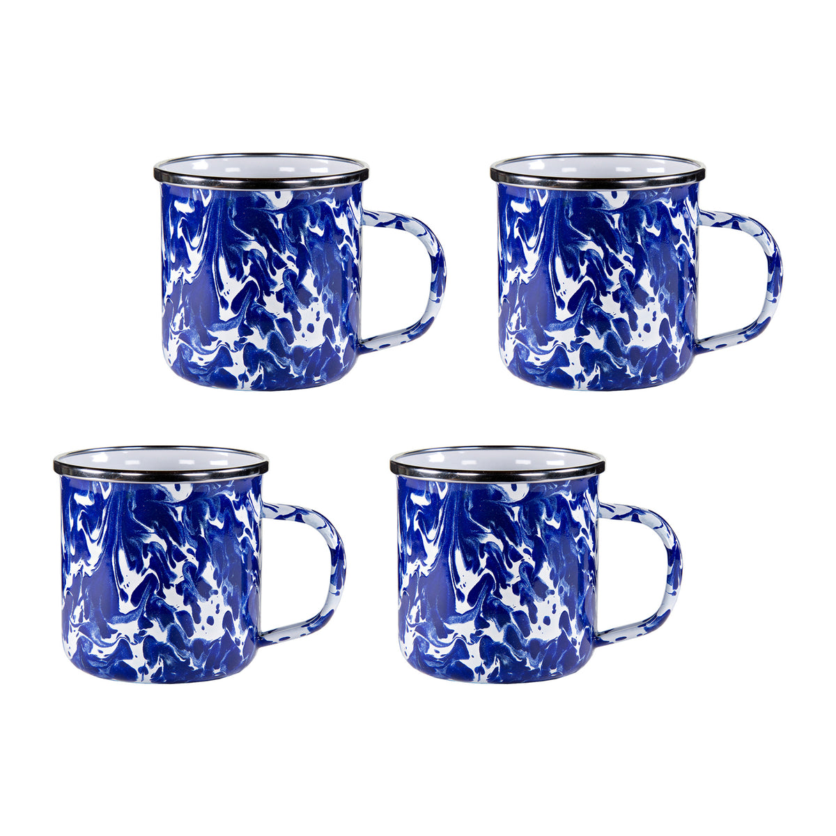 Front view of Adult Mugs in Cobalt Swirl, Set of 4 showcasing blue and white swirl pattern on white background