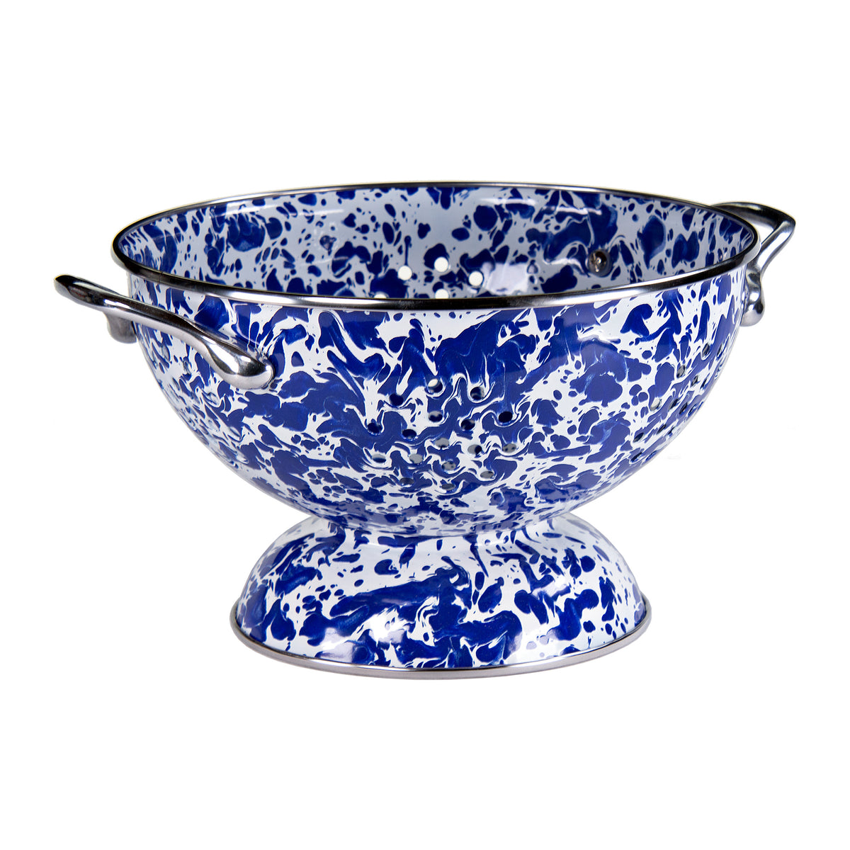 Close-up of Medium Colander in Cobalt Swirl showcasing perforations and stainless steel handles on white background