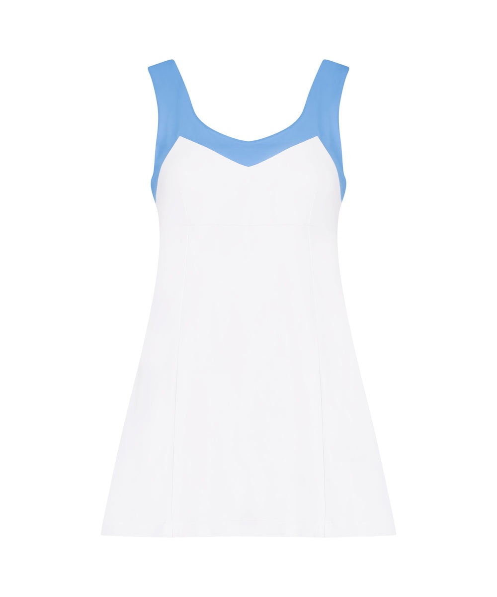 Front view of Field Dress showcasing blue contrast neckline and straps and A-line shift silhouette on white background