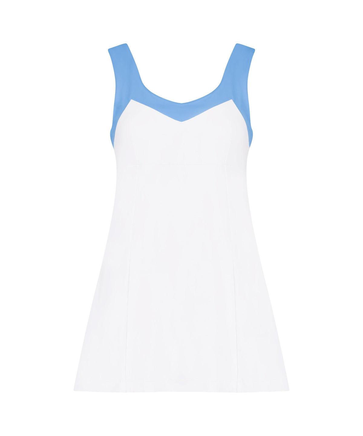 Front view of Field Dress showcasing blue contrast neckline and straps and A-line shift silhouette on white background