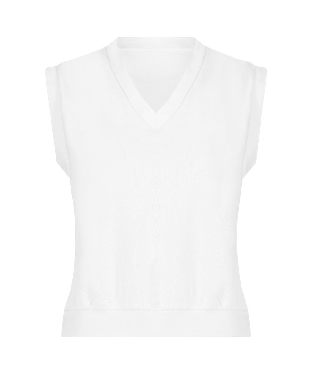 Front view of white Farrah vest showcasing V-neck, sleeveless terry fabric and ribbed hem on white background