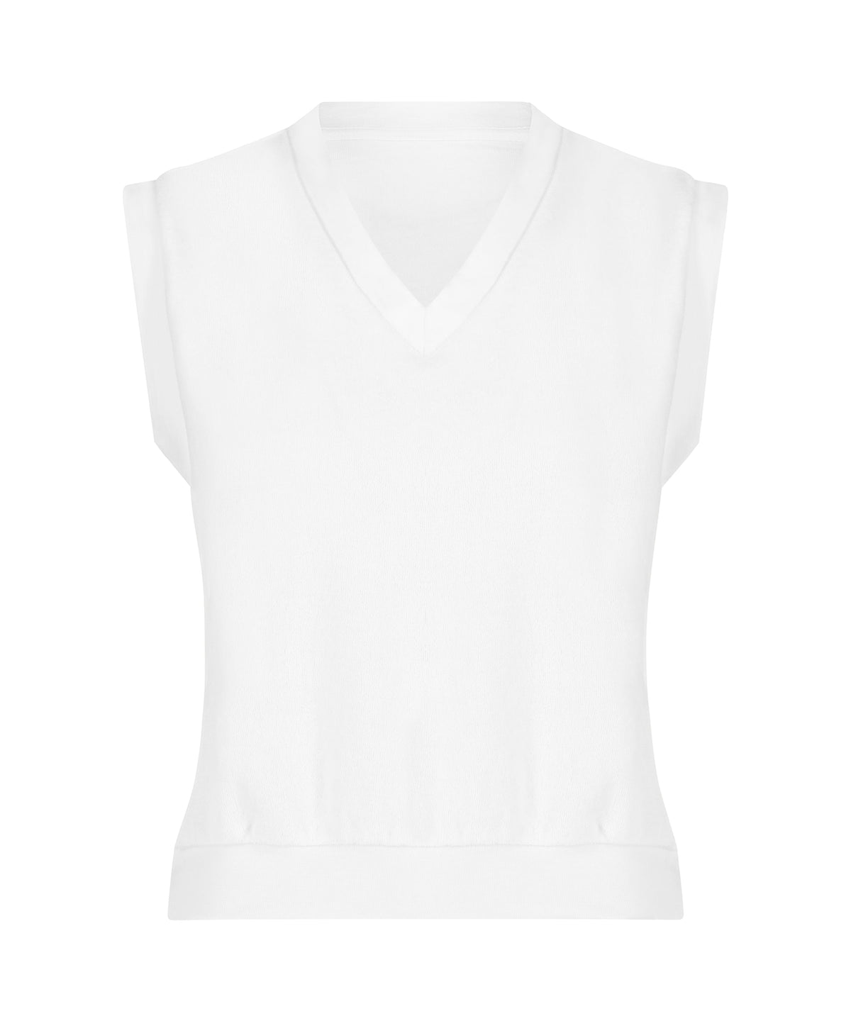 Front view of white Farrah vest showcasing V-neck, sleeveless terry fabric and ribbed hem on white background