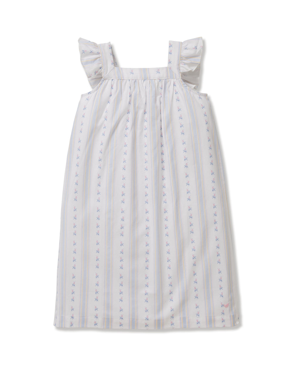 Front view of Girl’s Twill Clara nightgown with ruffle shoulder straps and pastel cottage-stripe floral on white