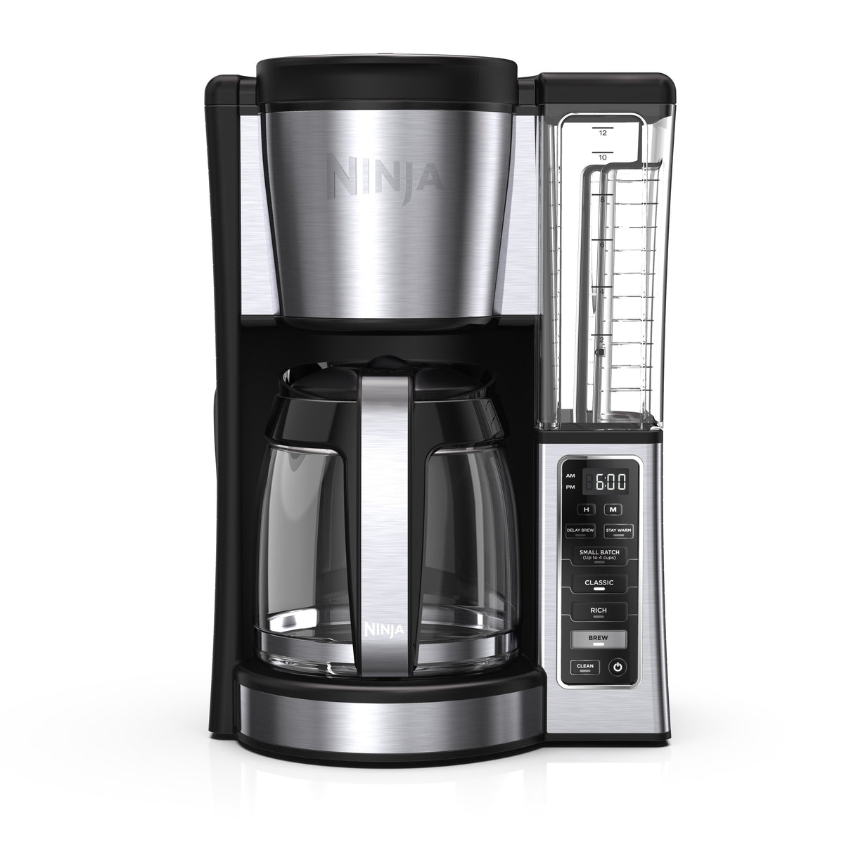 Front view of Ninja 12-cup programmable coffee brewer showcasing glass carafe, clear water reservoir with volume markings, and control panel