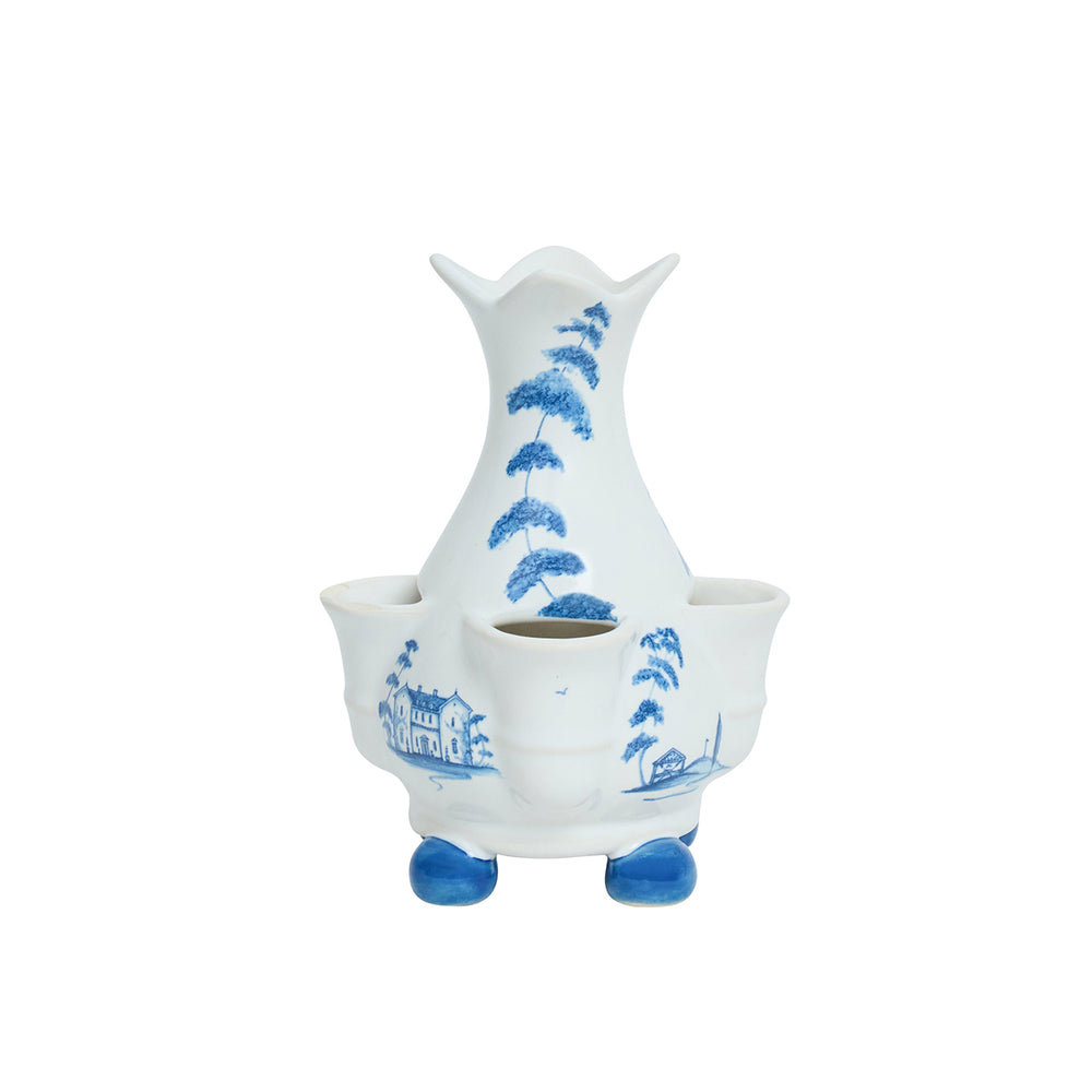 Front view of Country Estate 6-inch Tulipiere Vase in Delft Blue showcasing tiered floral reservoirs and four feet