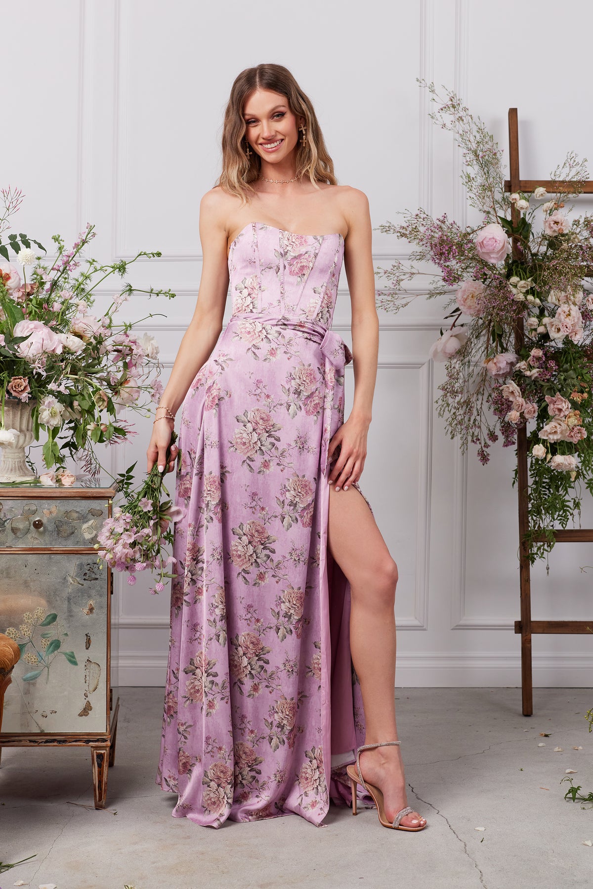 Front view of Cecilia Dress in Lilac Tapestry Rose showing strapless corset bodice, floral print, wrap-tie bow, and side slit