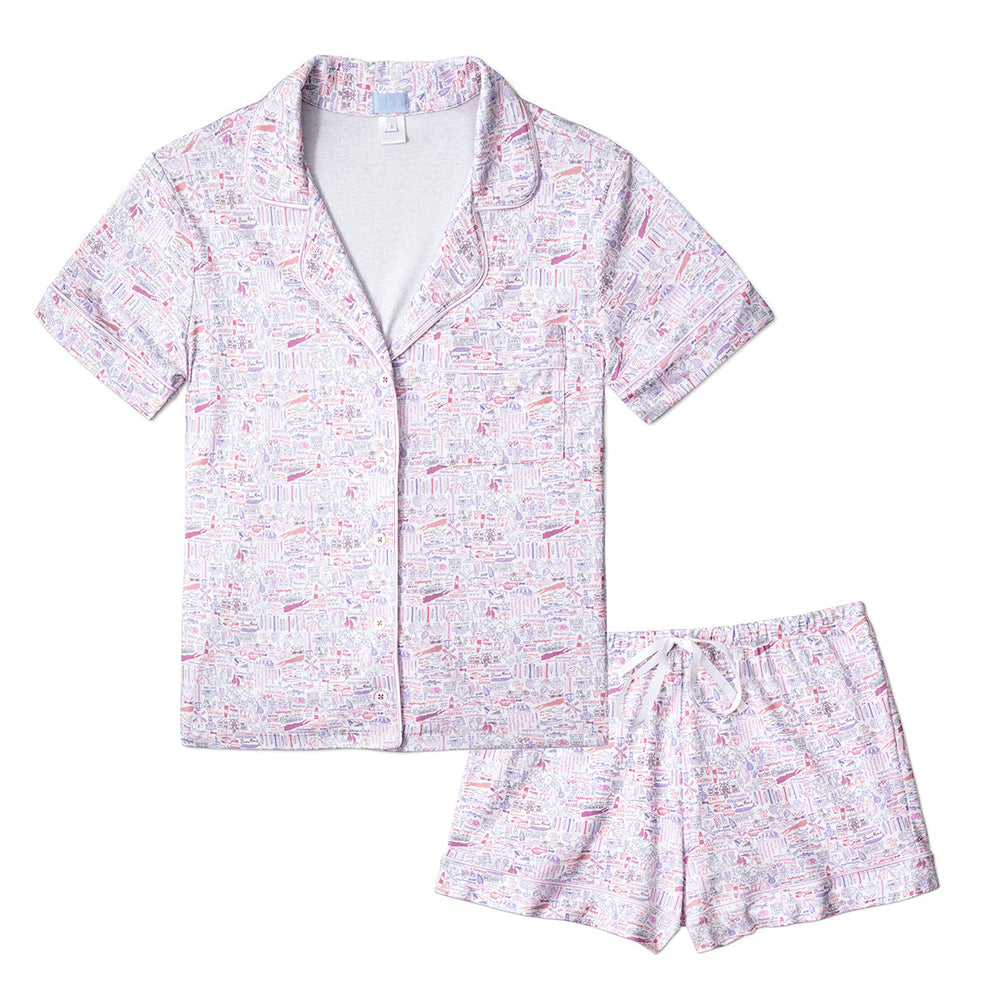 Flat lay of women’s Hamptons short pajama set, button-front short-sleeve top and drawstring shorts in pink Hamptons print