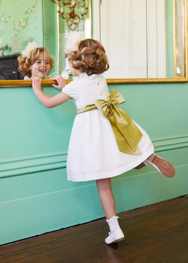 Flower Girl Ivory Dress with Green Silk Sash (6mths-10yrs) Dresses from Pepa London