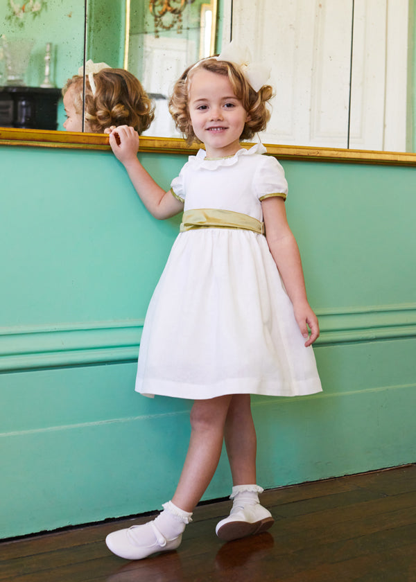Flower Girl Ivory Dress with Green Silk Sash (6mths-10yrs) Dresses from Pepa London