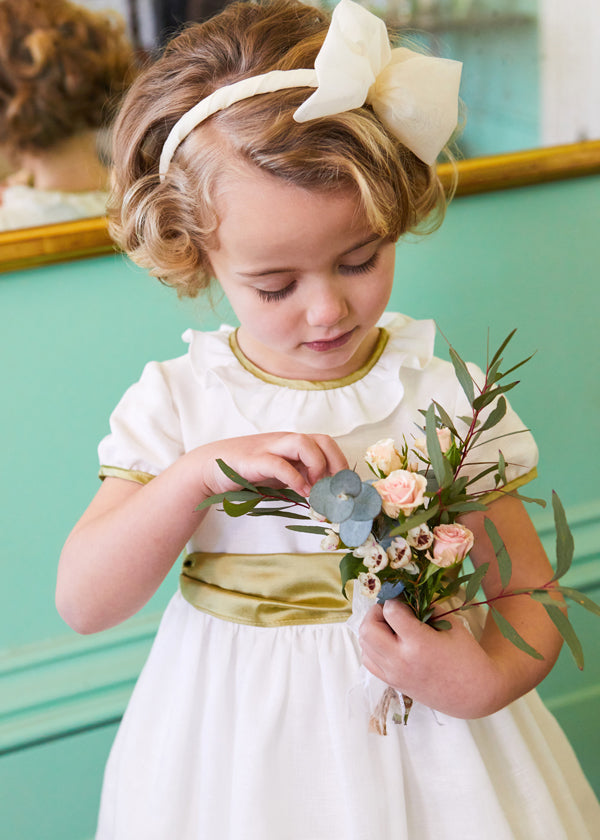 Flower Girl White Dress with Green Silk Sash – Pepa London 5Y