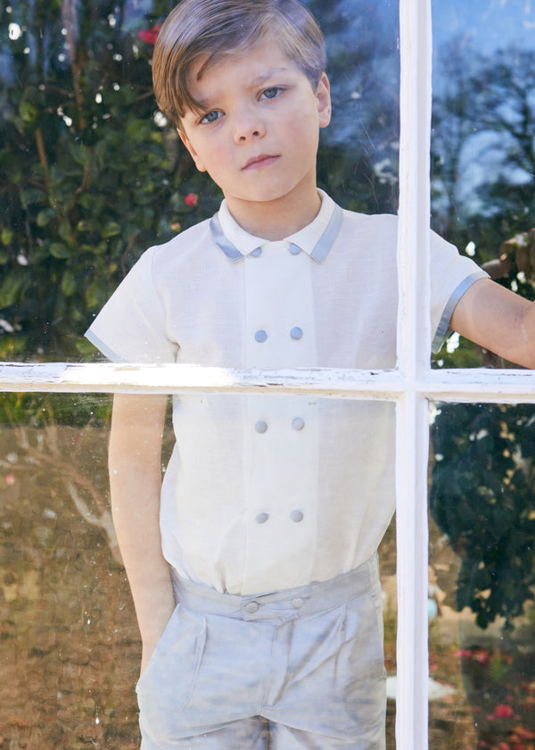 Linen Boys Celebration Shirt White with Blue Silk piping (3-10yrs) Shirts from Pepa London