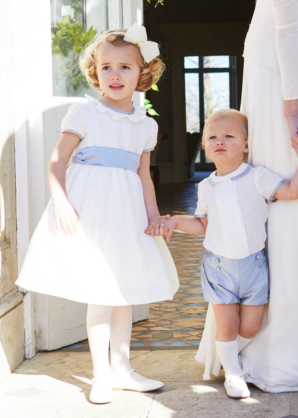 Flower Girl Ivory Dress with Blue Silk Sash (6mths-10yrs) Dresses from Pepa London