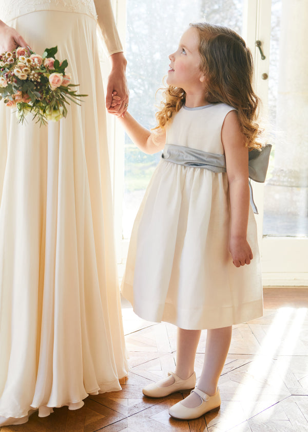 Sleeveless Ivory Flower Girl Dress with Blue Silk Sash (6mths-10yrs) Dresses from Pepa London