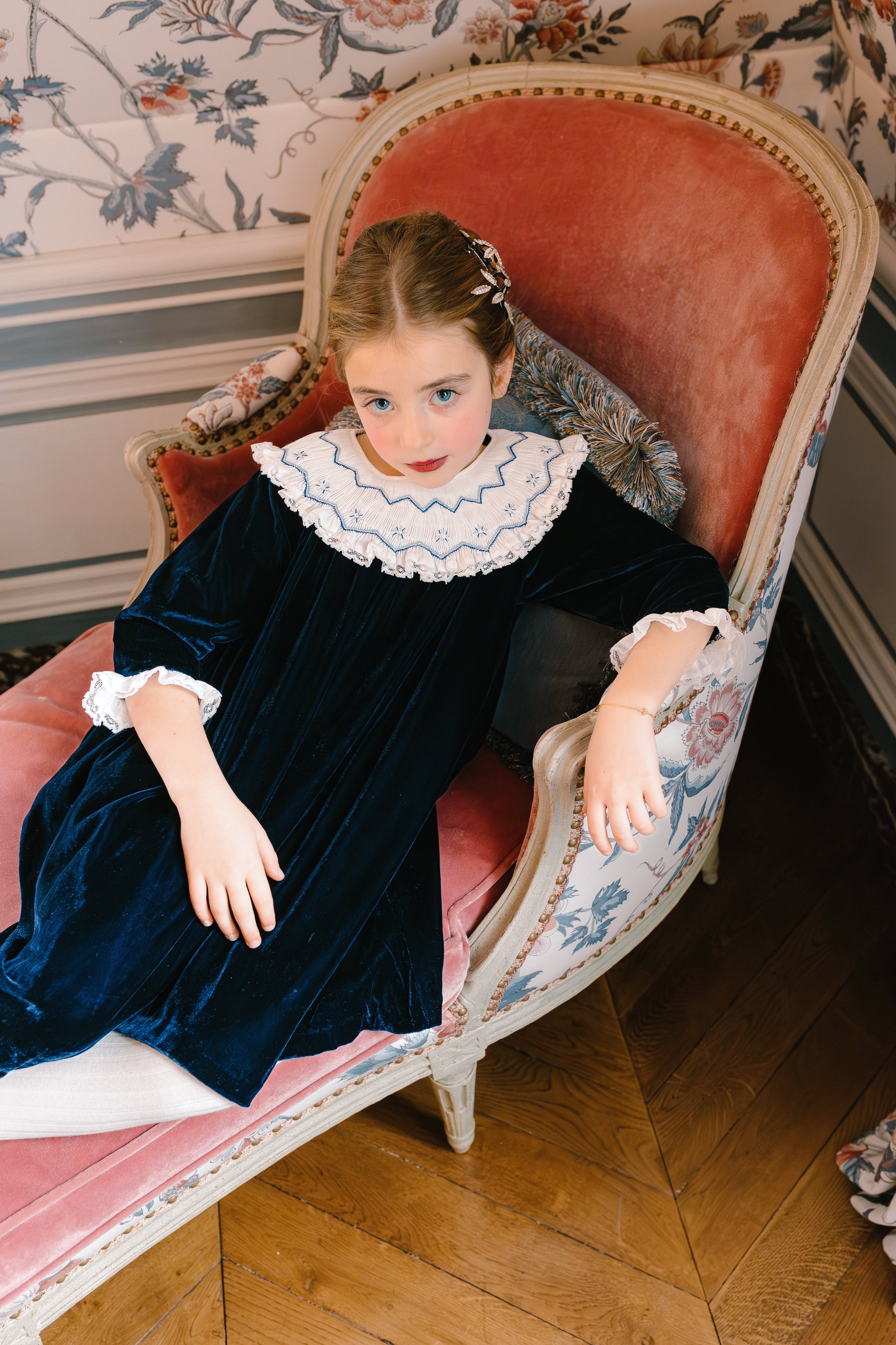 Celeste Navy Velvet Long Sleeve Bishop Dress
