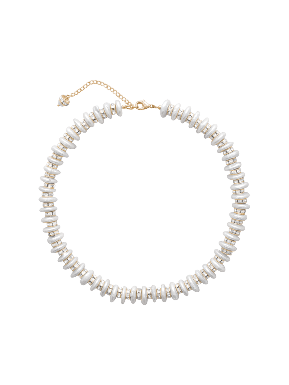 Top view of Celine necklace showing white freshwater coin pearls and gold-filled rhinestone spacer rings with gold extender