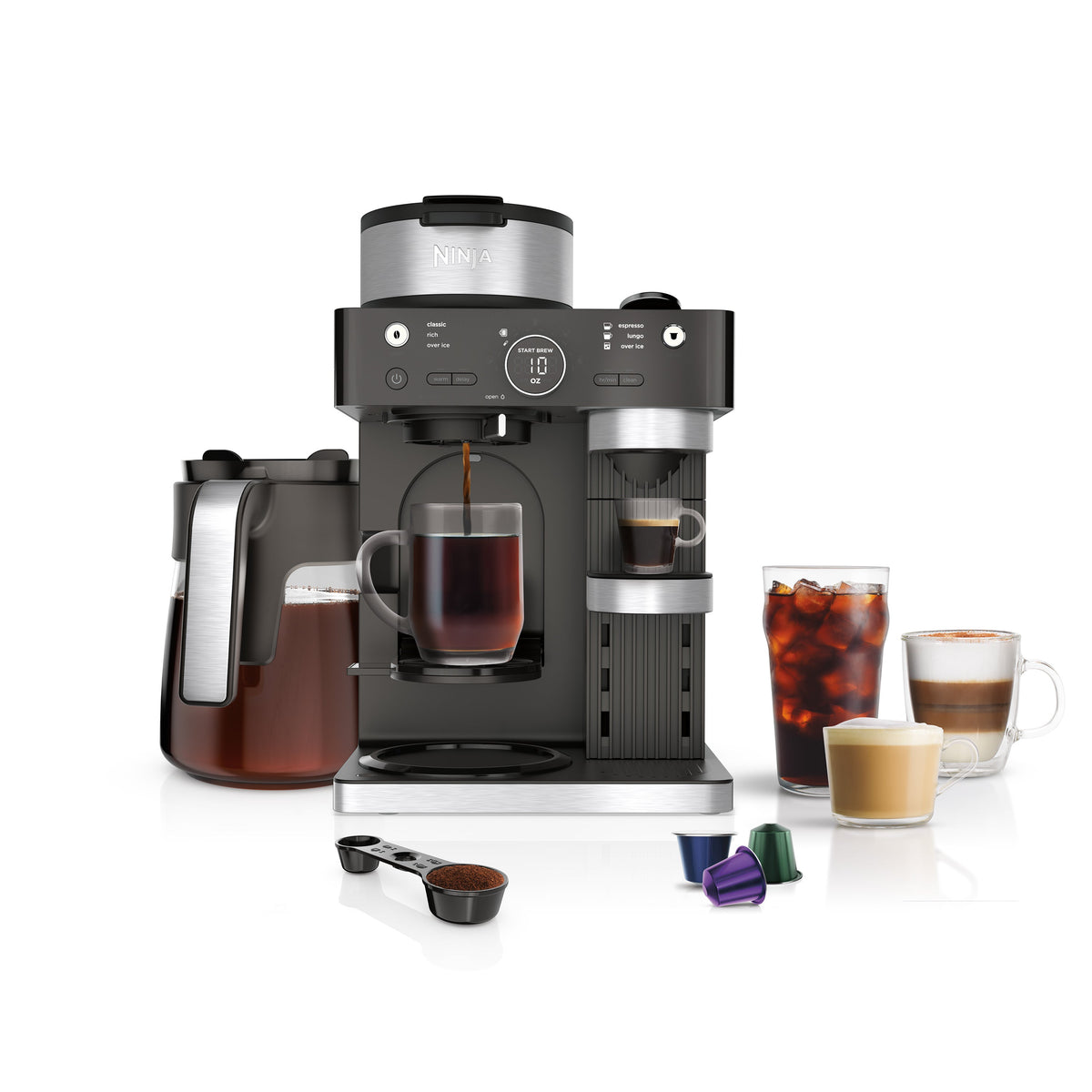 Front view of Espresso & Coffee Barista System showcasing capsule and coffee grounds brewing with coffee drinks on a white background