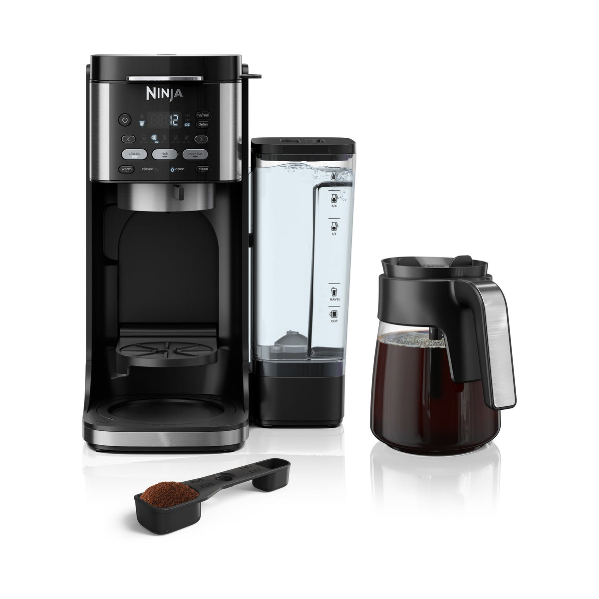 Front view of DualBrew Hot & Iced Coffee Maker with removable reservoir, carafe, and grounds scoop on white
