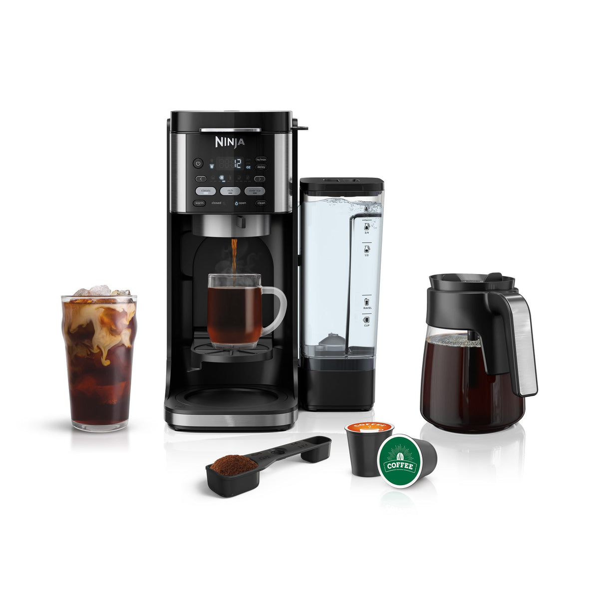 Front view of DualBrew Hot & Iced Coffee Maker showcasing hot and iced coffee brewing with a white background