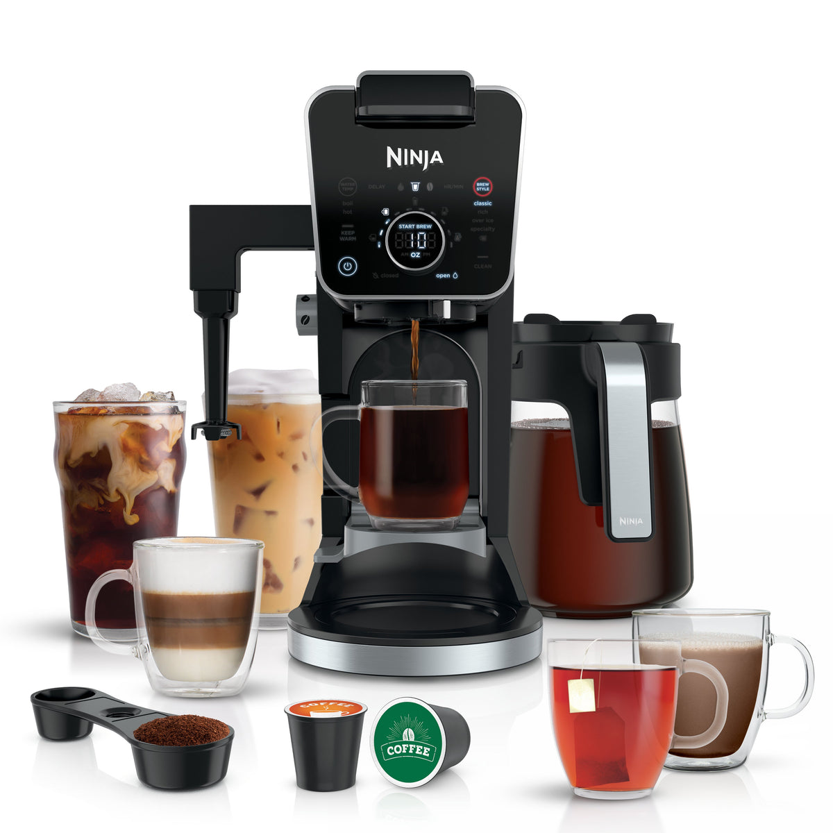 Front view of DualBrew Pro System 12 Cup Coffeemaker with pod, grounds, frother, and coffee drinks on white background