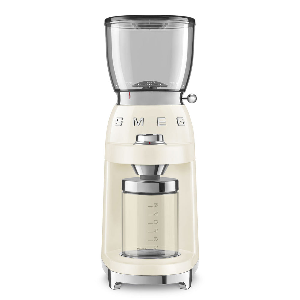Front view of Coffee Grinder CGF11 in Cream showcasing its transparent hopper and grounds container with a white background