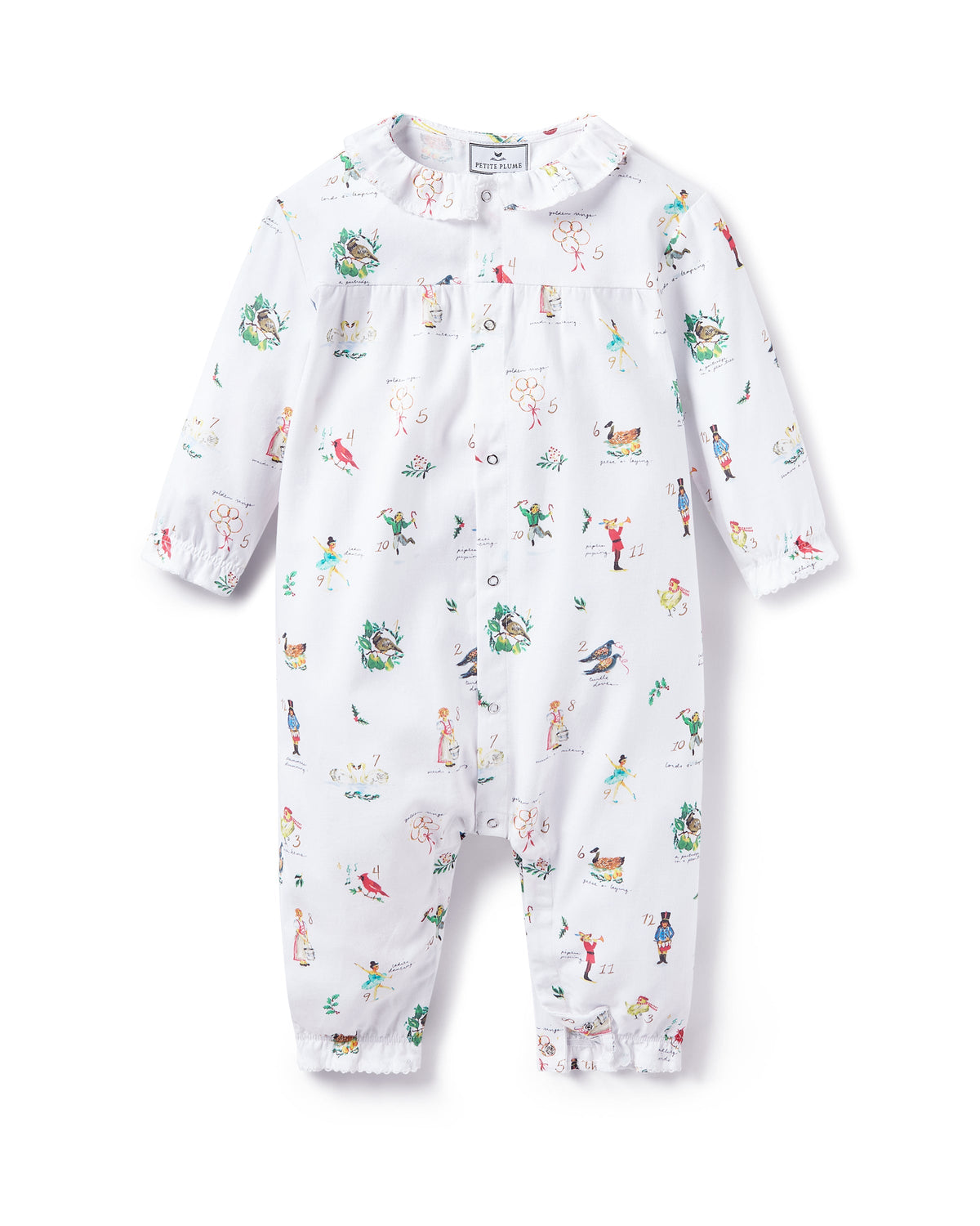 Front of Baby’s Twill Madeline romper with white twill, all-over 12 Days of Christmas print, ruffled collar and snap front