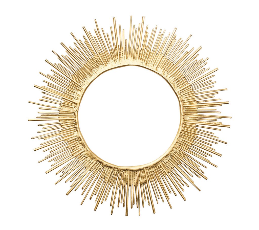 Top view of Radiate charger in gold showcasing sunburst metal spokes and textured metallic finish on white background