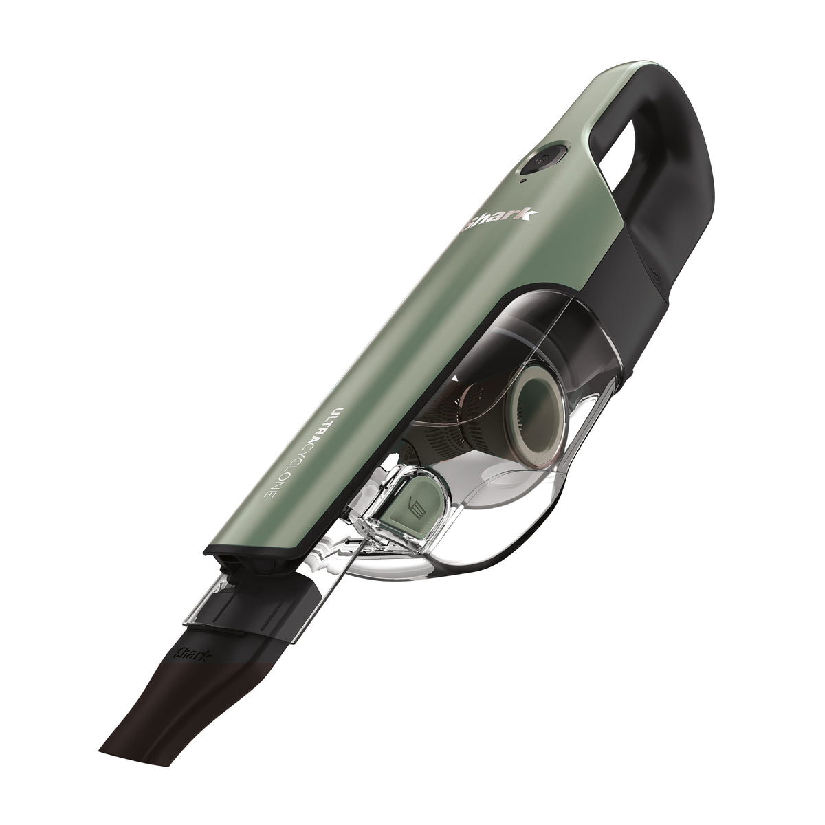 Angled view of UltraCyclone Pro Handheld Vacuum showcasing its transparent dust cup and crevice tool on a white background