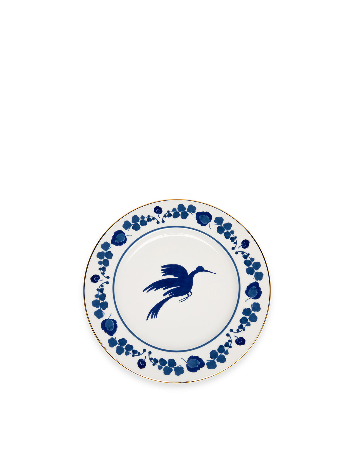 Front view of Charger Plate in Wildbird Blue showcasing blue bird and floral print with white background