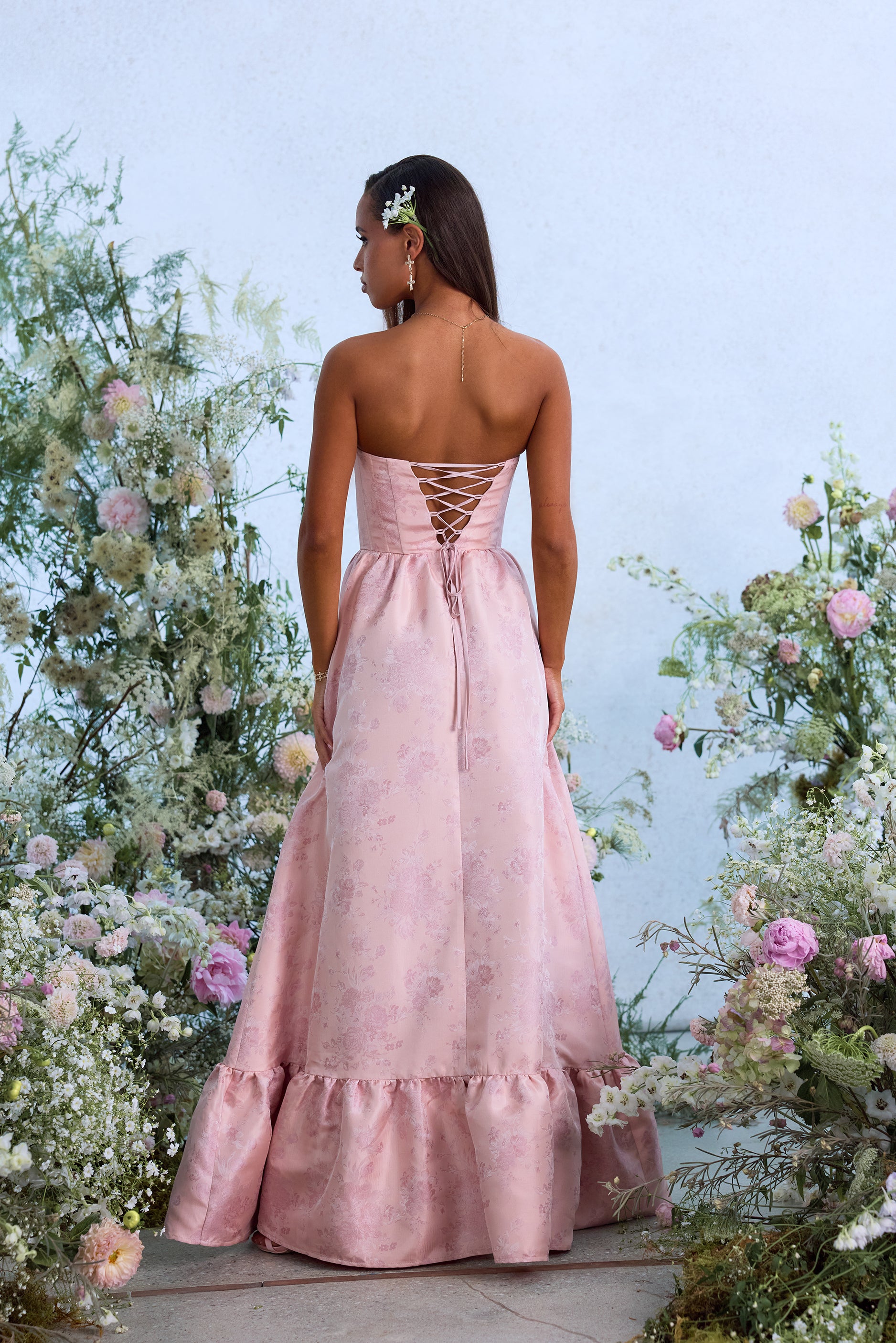 The Charlotte Dress in Light Pink Windsor Brocade | Over The Moon