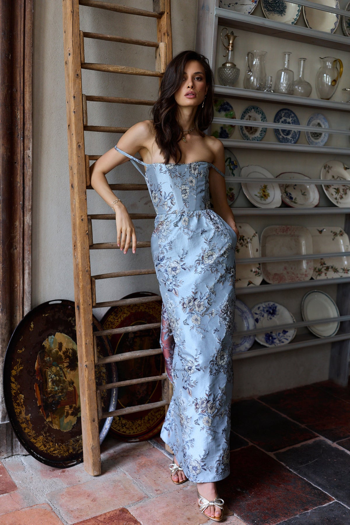 Front view of The Cheryl Dress in Light Blue Lilibet Brocade showcasing off shoulder neckline and floral butterfly pattern