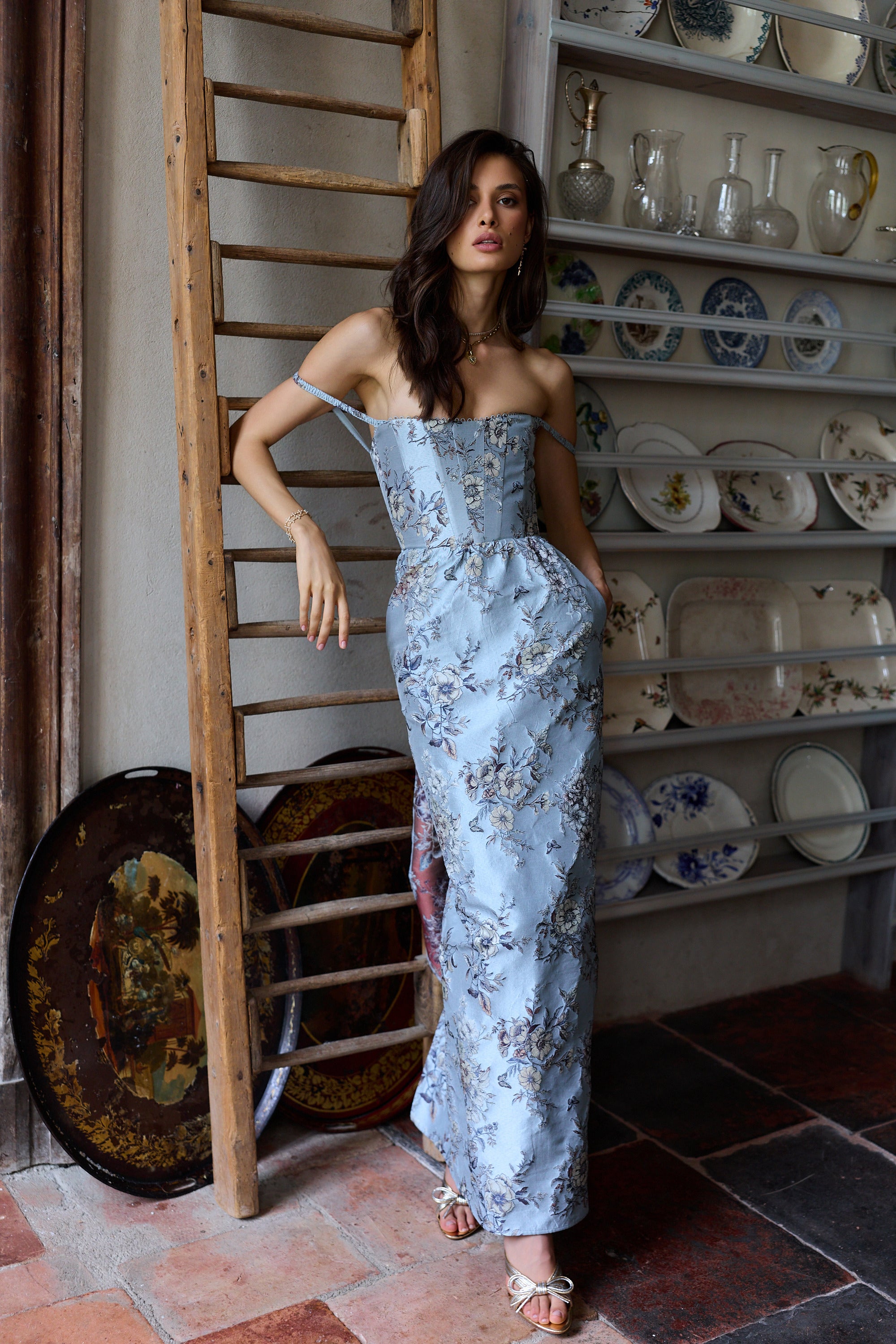 The Cheryl Dress in Light Blue Lilibet Brocade