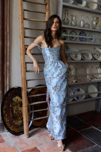 The Cheryl Dress in Light Blue Lilibet Brocade