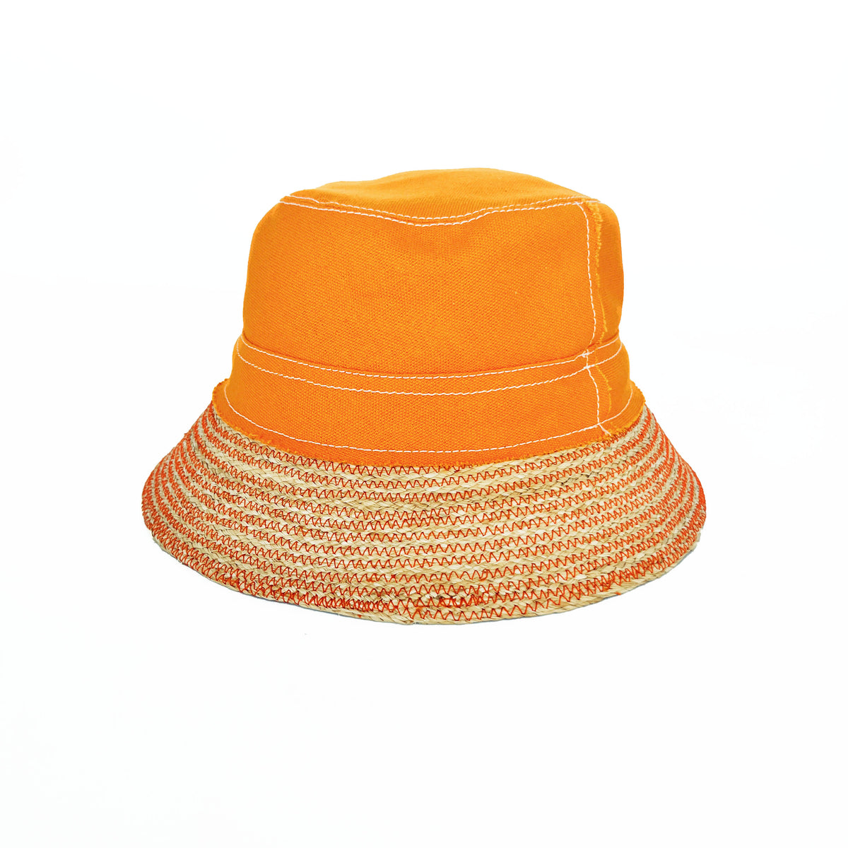 Front view of Chip Bag Hat in Apricot showcasing bright cotton sailcloth canvas crown with raw edges and raffia tape brim on white background