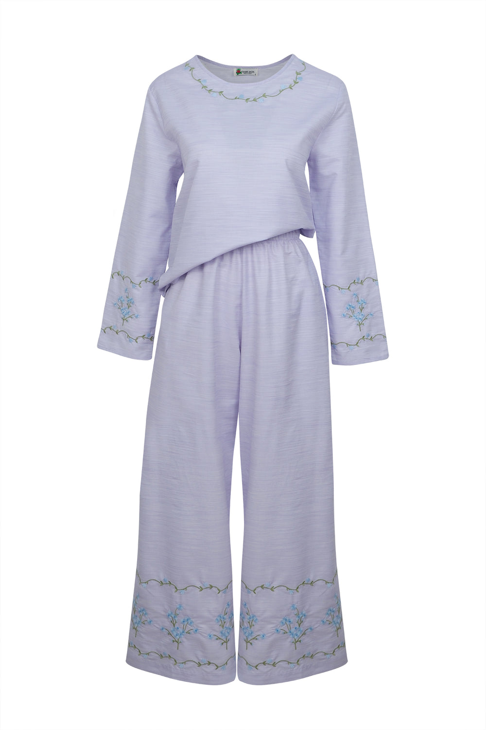 Front view of Cicek pants set, heathered lilac with blue floral embroidery and wide elastic-waist pants