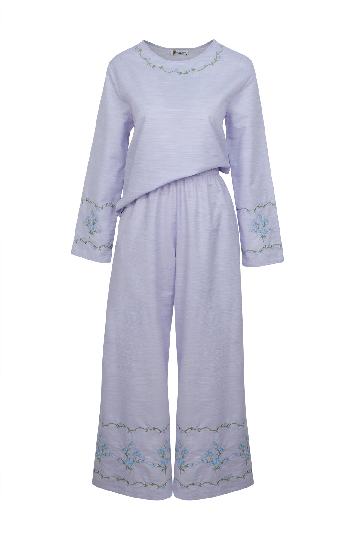 Front view of Cicek pants set, heathered lilac with blue floral embroidery and wide elastic-waist pants