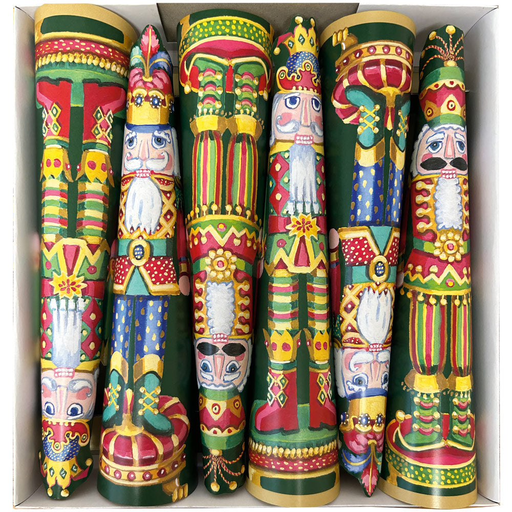 Front view of Nutcracker Christmas Cone Crackers, Set of 6 showcasing colorful nutcracker figures in a white box
