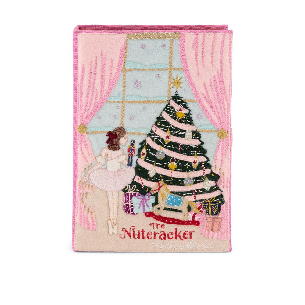Front view of The Nutcracker and the Ballerina book clutch with hand-embroidered felt applique of ballerina and Christmas tree