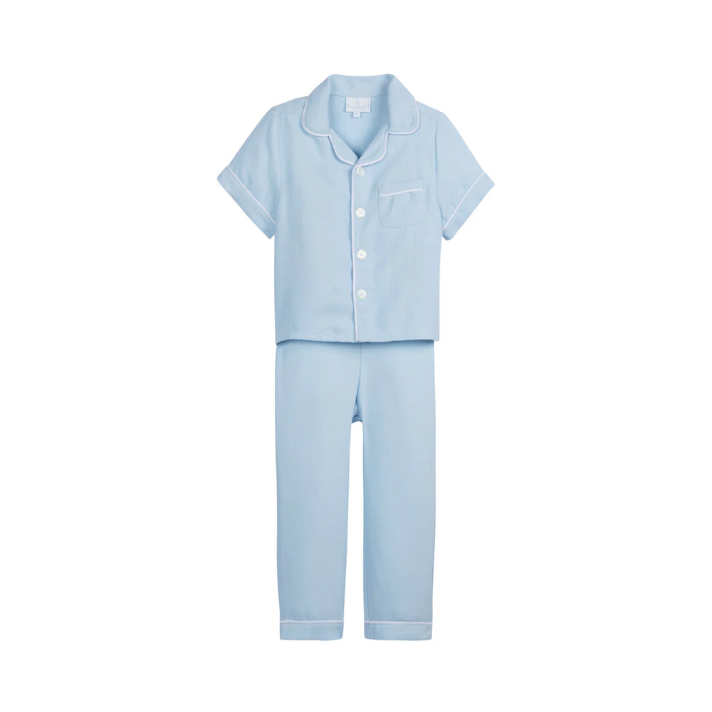Front view of Classic Short Sleeve Pajama Set in Light Blue showing short sleeves, long legs, front buttons, and chest pocket