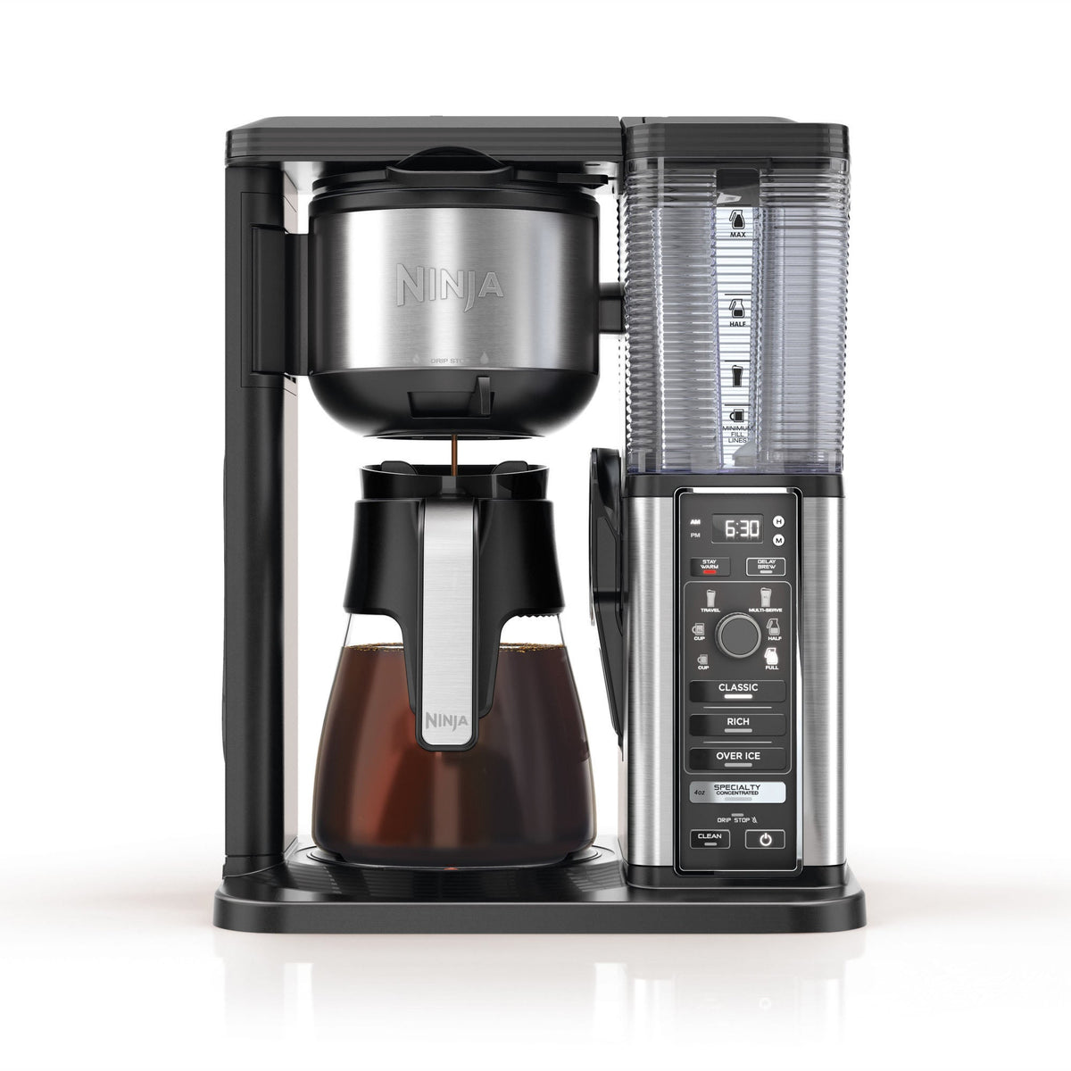 Front view of Specialty Coffeemaker with Fold-Away Frother and Glass Carafe showing water reservoir and brew controls