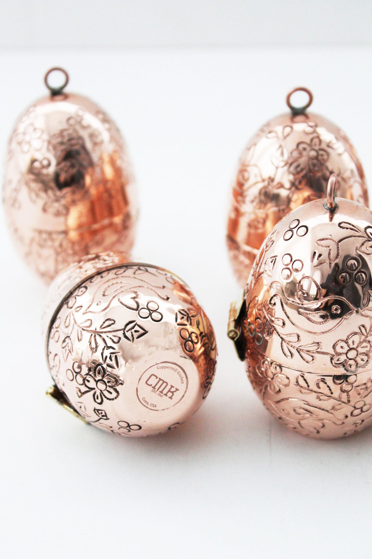 CMK Copper Etched Bird & Floral Egg Ornaments, Set of 4