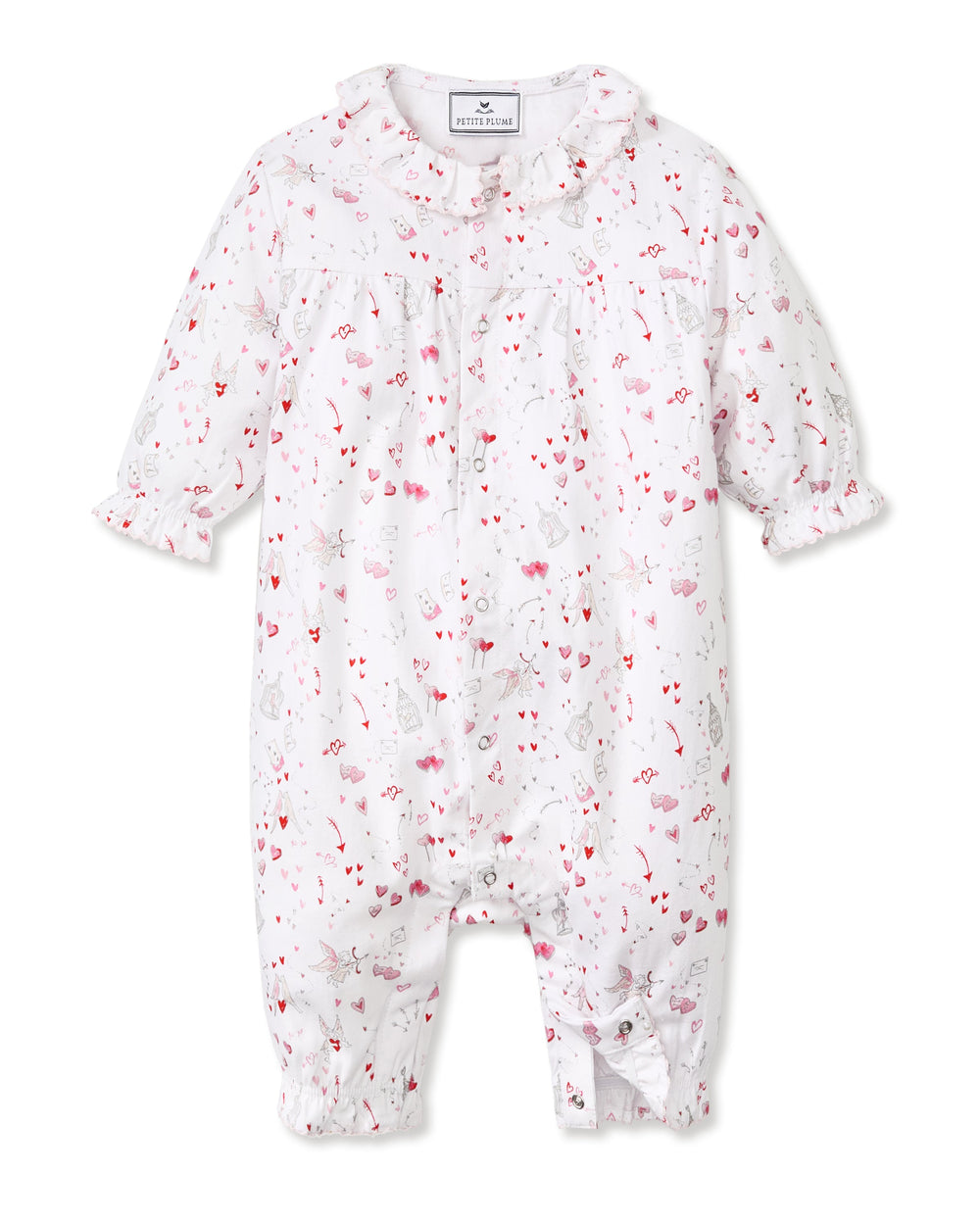 Front view of Baby’s Twill Madeline romper (Love Song) with ruffled collar, long sleeves, snap crotch, heart print