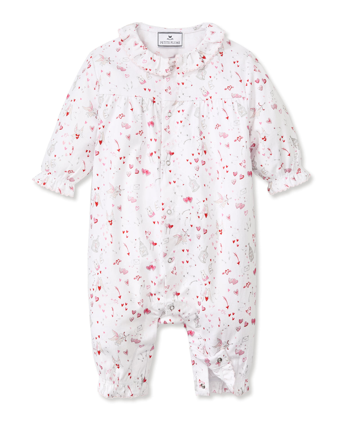 Front view of Baby’s Twill Madeline romper (Love Song) with ruffled collar, long sleeves, snap crotch, heart print