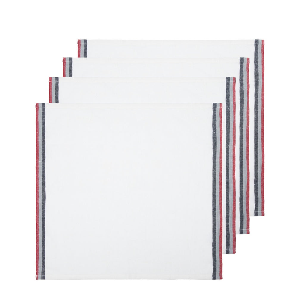 Normandy White Napkins in Red, Grey, & Black Stripes, Set of 4