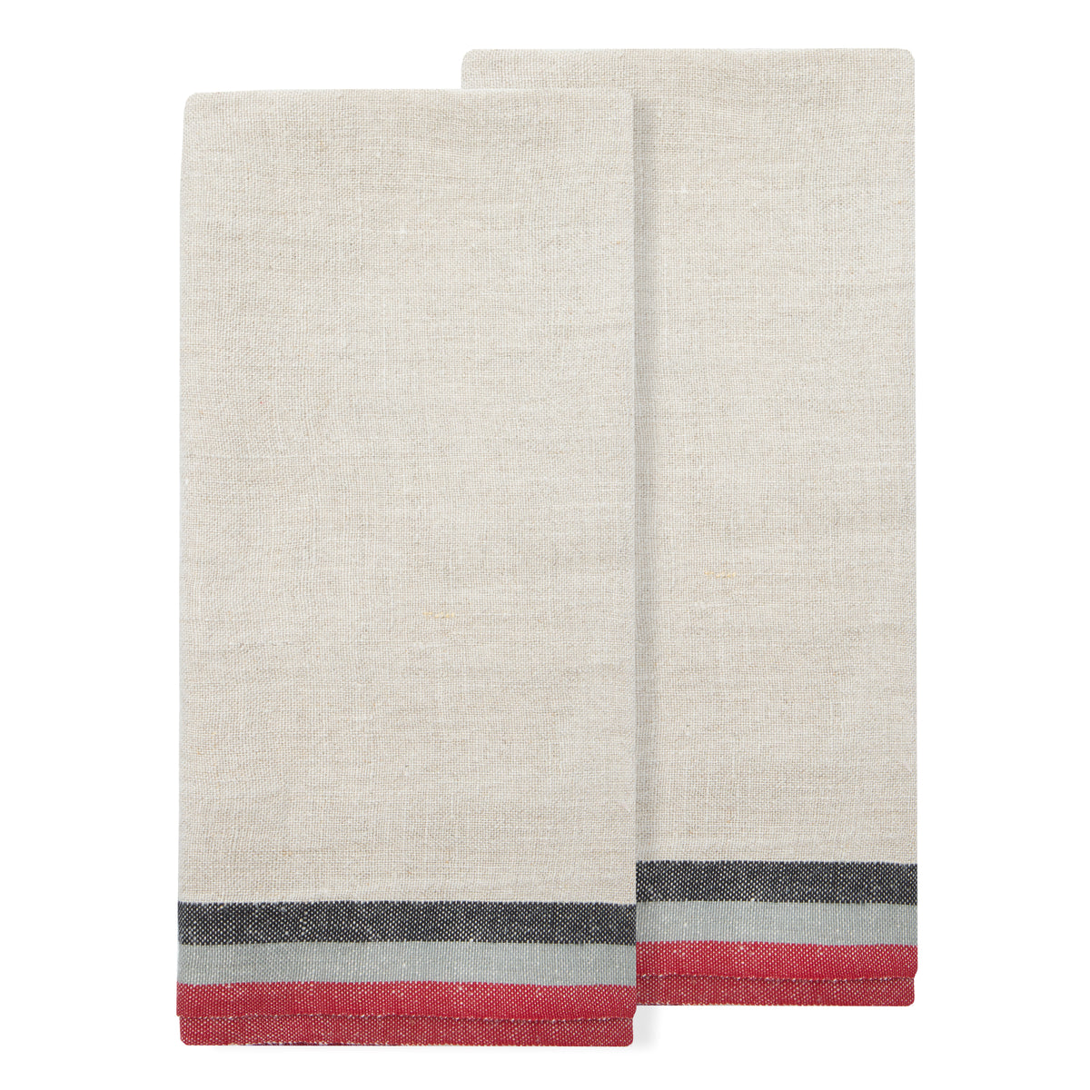 Normandy Natural Tea Towels in Red, Grey, & Black Stripes, Set of 2