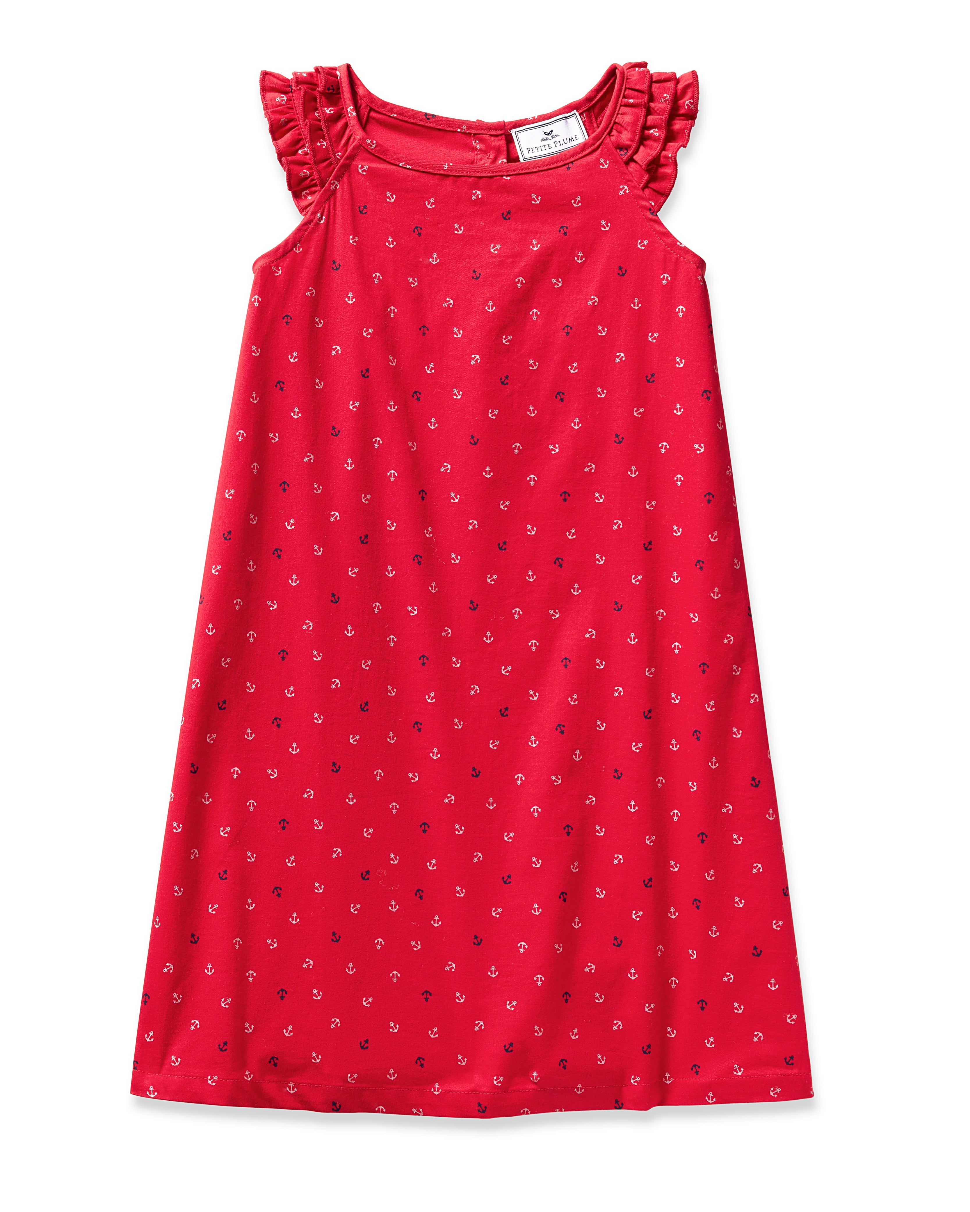 The Girls Twill Amelie Nightgown in Anchors Away by Petite Plume is a vibrant red sleeveless dress with ruffled shoulders, featuring a nautical print of small white and navy blue anchors, crafted from lightweight woven cotton.