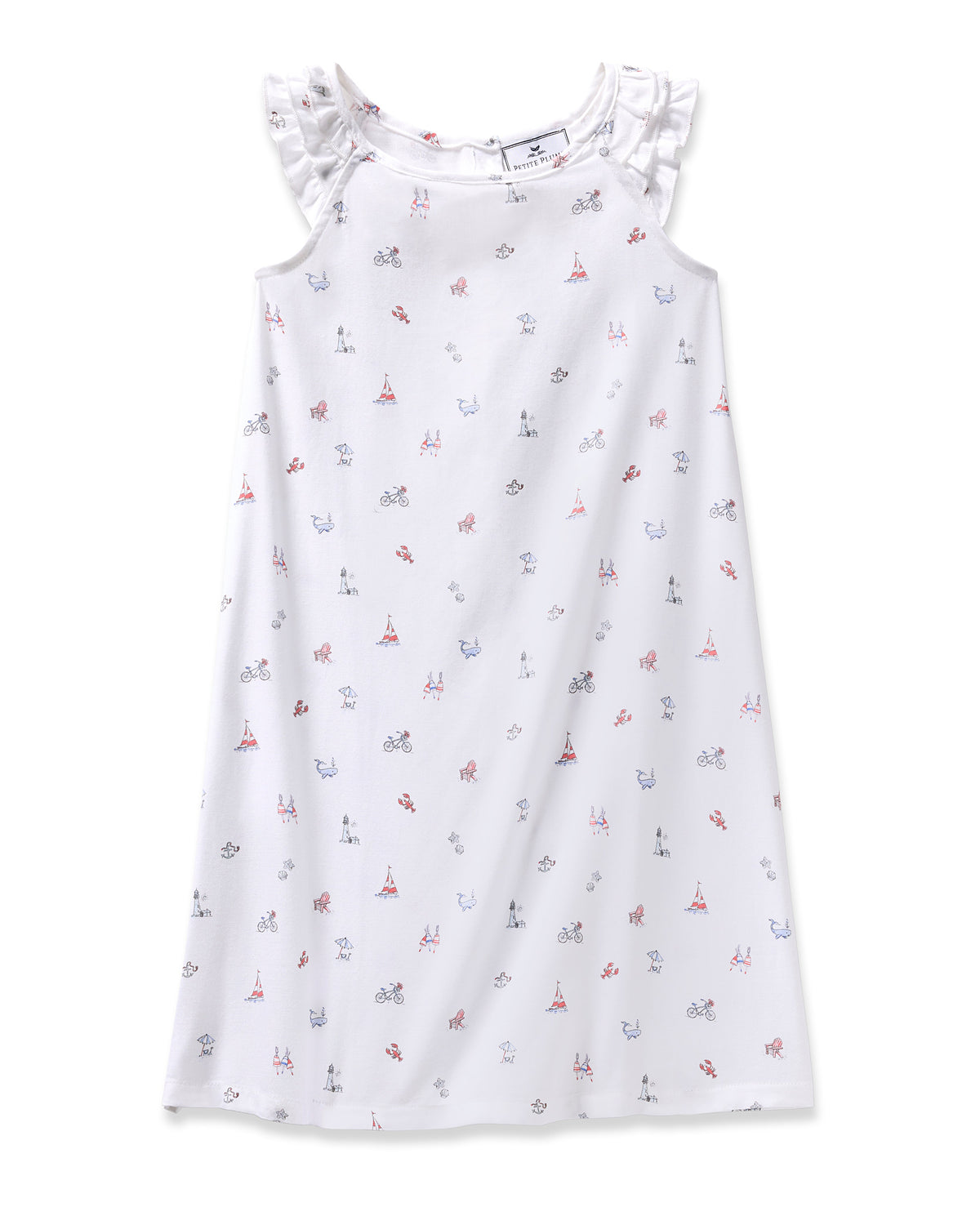 The Girls Twill Amelie Nightgown in Coastal Charms by Petite Plume is a white sleeveless gown with ruffled shoulders, adorned with red and blue illustrations like bikes, Eiffel Towers, and cameras. Made from lightweight cotton, its ideal for wanderlust dreams.