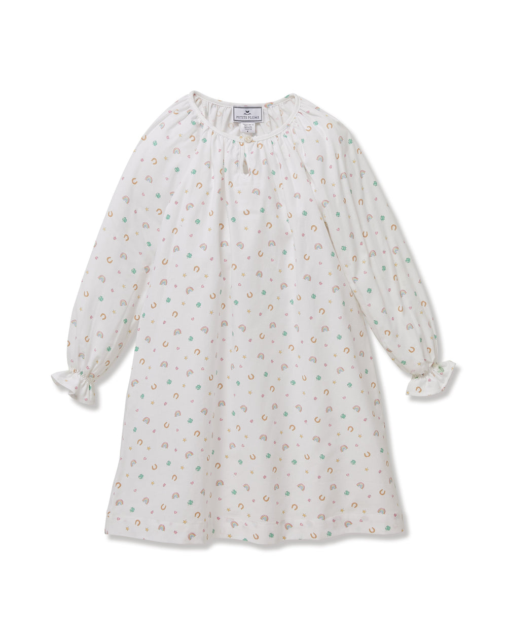 Front view of girls’ Delphine twill nightgown in Good Luck Charms print with long sleeves and tie cuffs on white background