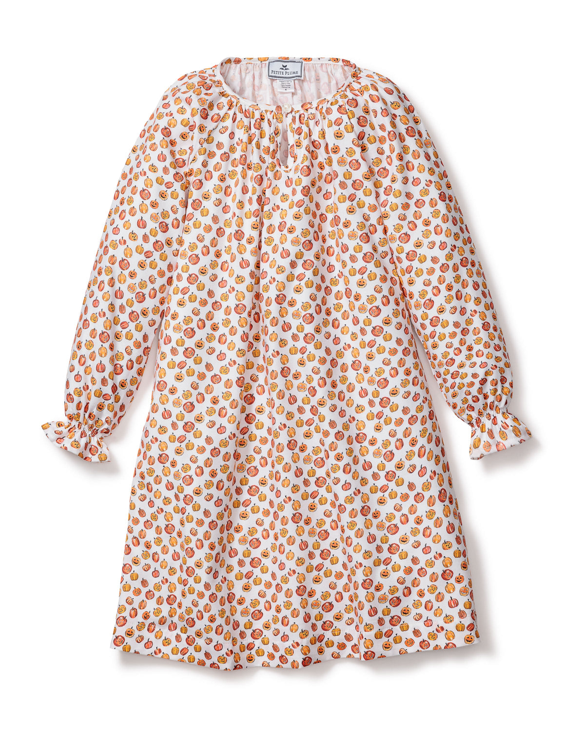 Front view of Girl’s Delphine nightgown in Pumpkin Patch showcasing long sleeves and pumpkin print on a white background